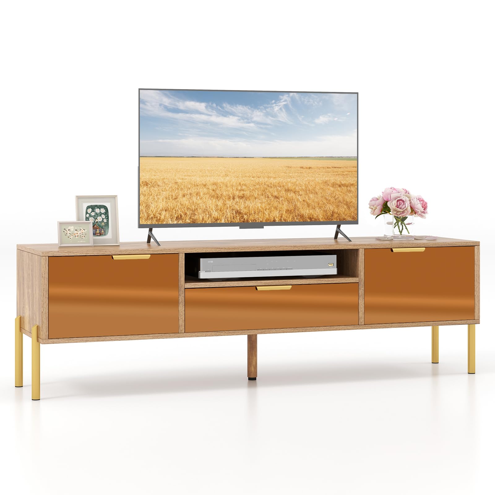 Meuble TV Tangkula avec miroirs pour téléviseurs jusqu'à 65 pouces, console TV moderne avec plateau spacieux